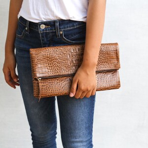 Classic Brown - CROCO embossed leather clutch, Genuine leather clutch, fold over clutch, animal print clutch, croco leather clutch image 3