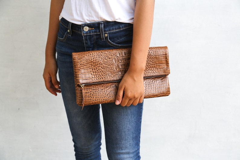 Classic Brown - CROCO embossed leather clutch, Genuine leather clutch, fold over clutch, animal print clutch, croco leather clutch image 3