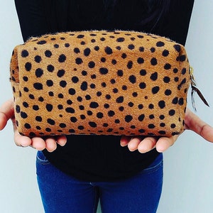 Leopard make up bag, leopard print leather make up case, leopard calf hair zipper pouch, leather toiletry bag, dopp kit, travel makeup case image 1