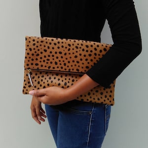 Leopard clutch, Genuine leather, leopard fold over clutch, leopard print clutch, leopard leather clutch, leather clutch, leopard purse women image 1