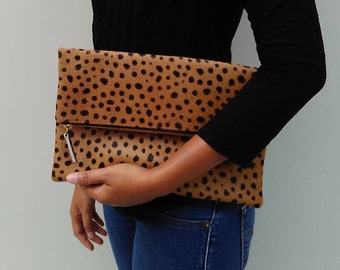 Leopard clutch, Genuine leather, leopard fold over clutch, leopard print clutch, leopard leather clutch, leather clutch, leopard purse women