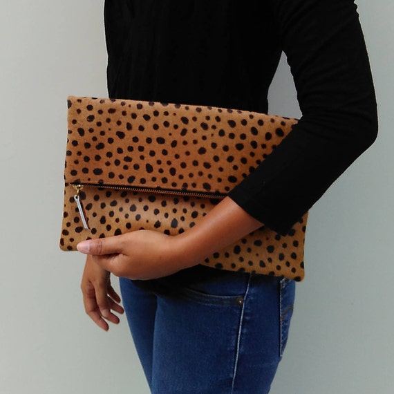 Genuine Calf Hair Leopard Print Foldover Clutch