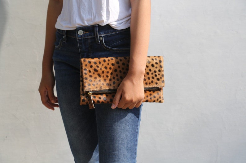 Leopard clutch, Genuine leather, leopard fold over clutch, leopard print clutch, leopard leather clutch, leather clutch, leopard purse women S (26 x 16 cm)