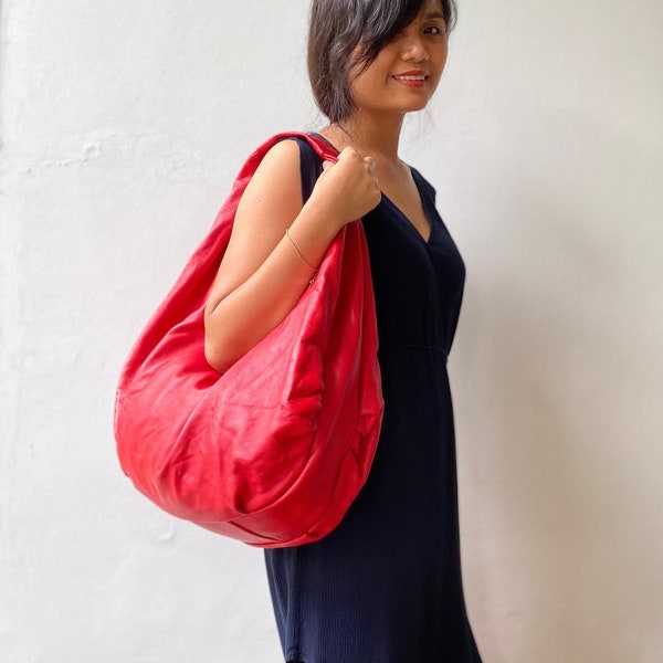 RED - Large hobo Bag, soft leather hobo bag, soft lambskin hobo bag, hobo bag large, leather shoulder bag, genuine leather hobo bag