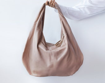 NUDE - Large hobo Bag, soft leather hobo bag, soft lambskin hobo bag, hobo bag large, leather shoulder bag, genuine leather hobo bag