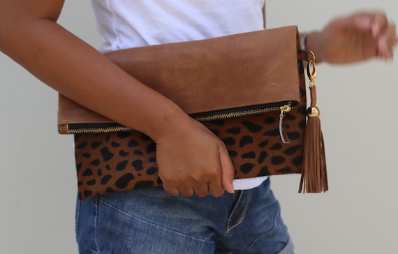 Leopard foldover shop clutch