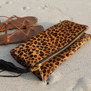 Cheetah camel, Leopard fold over clutch, leopard print leather clutch, calf hair zipper clutch, leather clutch, cow hide leather clutch image 3