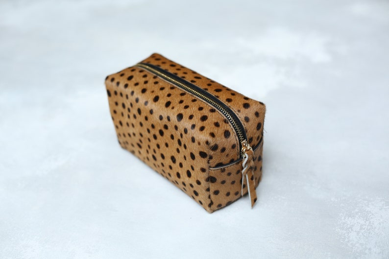 Leopard make up bag, leopard print leather make up case, leopard calf hair zipper pouch, leather toiletry bag, dopp kit, travel makeup case image 3