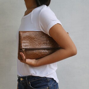 Classic Brown - CROCO embossed leather clutch, Genuine leather clutch, fold over clutch, animal print clutch, croco leather clutch image 6