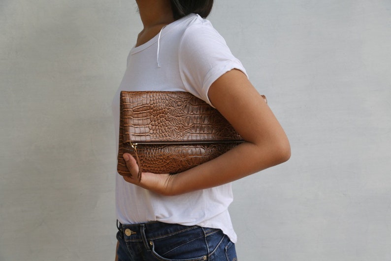 Classic Brown - CROCO embossed leather clutch, Genuine leather clutch, fold over clutch, animal print clutch, croco leather clutch image 6