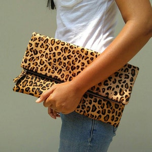 Cheetah camel, Leopard fold over clutch, leopard print leather clutch, calf hair zipper clutch, leather clutch, cow hide leather clutch image 2