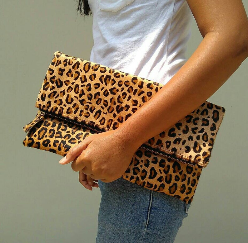 Cheetah camel, Leopard fold over clutch, leopard print leather clutch, calf hair zipper clutch, leather clutch, cow hide leather clutch image 2