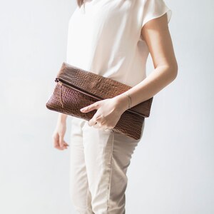 Classic Brown - CROCO embossed leather clutch, Genuine leather clutch, fold over clutch, animal print clutch, croco leather clutch image 2