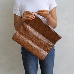 Classic Brown - CROCO embossed leather clutch, Genuine leather clutch, fold over clutch, animal print clutch, croco leather clutch image 5