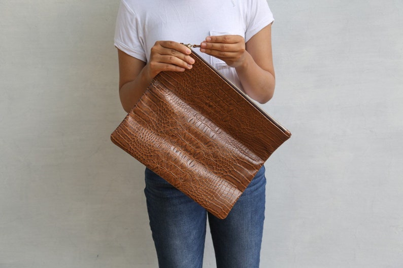Classic Brown - CROCO embossed leather clutch, Genuine leather clutch, fold over clutch, animal print clutch, croco leather clutch image 5
