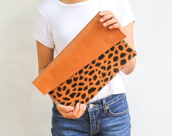 Leopard envelope clutch, leopard print leather clutch, leopard calf hair leather clutch, leather clutch, cow hide leather clutch