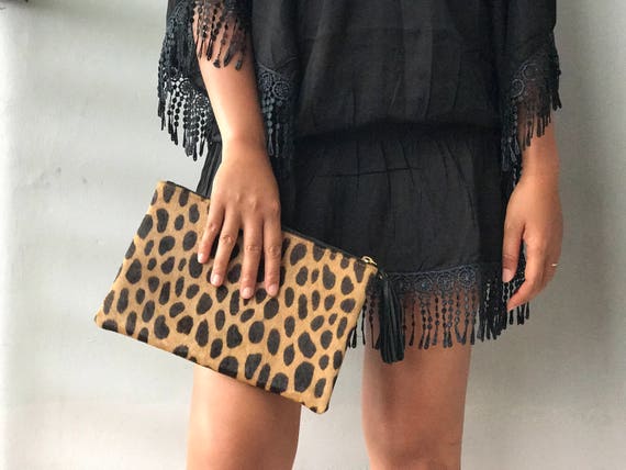 Clare vivier flat clutch leopard hair on, Women's Fashion, Bags