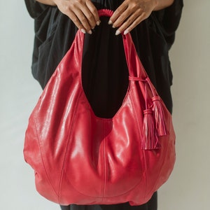 NINA Leather hobo bag, red leather shoulder bag, leather hobo boho bag, leather bag for teachers, shoulder hobo leather bag,leather tassel image 1