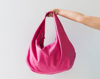 BRIGHT PINK - Large hobo Bag, soft leather hobo bag, soft lambskin hobo bag, hobo bag large, leather shoulder bag, genuine leather hobo bag