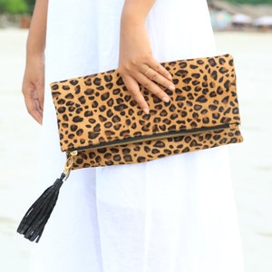 Cheetah camel, Leopard fold over clutch, leopard print leather clutch, calf hair zipper clutch, leather clutch, cow hide leather clutch image 1