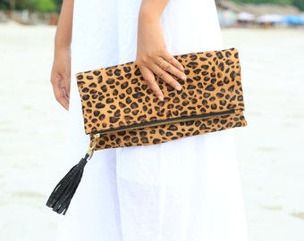 Cheetah camel, Leopard fold over clutch, leopard print leather clutch, calf hair zipper clutch, leather clutch, cow hide leather clutch