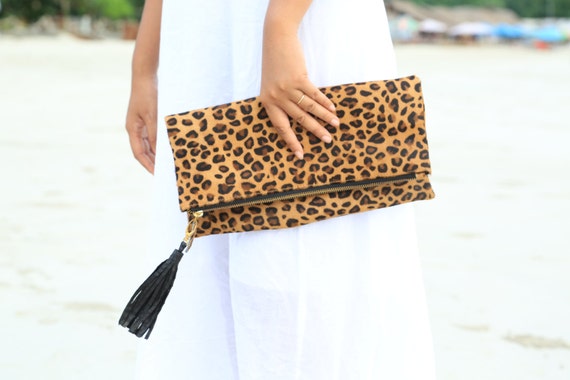 Cheetah Camel Leopard Fold Over Clutch Leopard Print Leather 