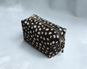 Leopard make up bag, leopard print leather make up case, leopard calf hair zipper pouch, leather toiletry bag, dopp kit, travel makeup case