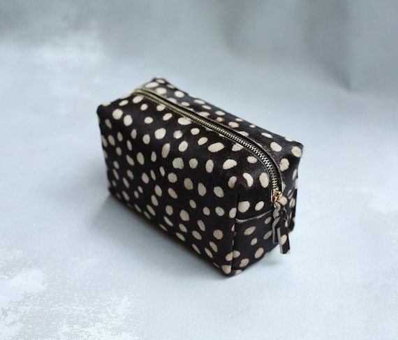 Leopard make up bag, leopard print leather make up case, leopard calf hair zipper pouch, leather toiletry bag, dopp kit, travel makeup case