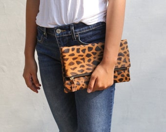 Leopard Fold Over Clutch, Giraffe Clutch, Leopard Print Leather