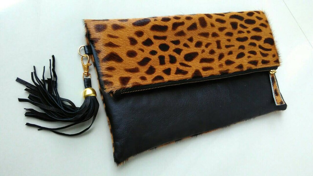 Leopard Leather Fold over Clutch