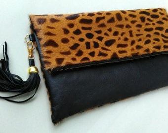 Leopard clutch with tassel, foldover clutch leopard print, fold over leather clutch, leopard calf hair fold ove clutch, leopard clutch