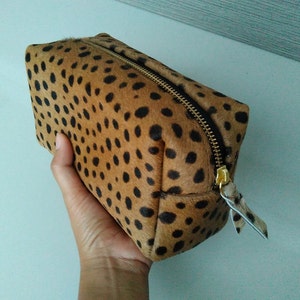 Leopard make up bag, leopard print leather make up case, leopard calf hair zipper pouch, leather toiletry bag, dopp kit, travel makeup case image 5