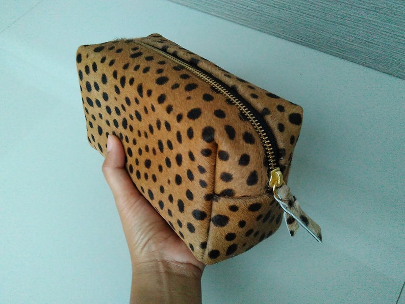 Leopard make up bag, leopard print leather make up case, leopard calf hair zipper pouch, leather toiletry bag, dopp kit, travel makeup case image 5