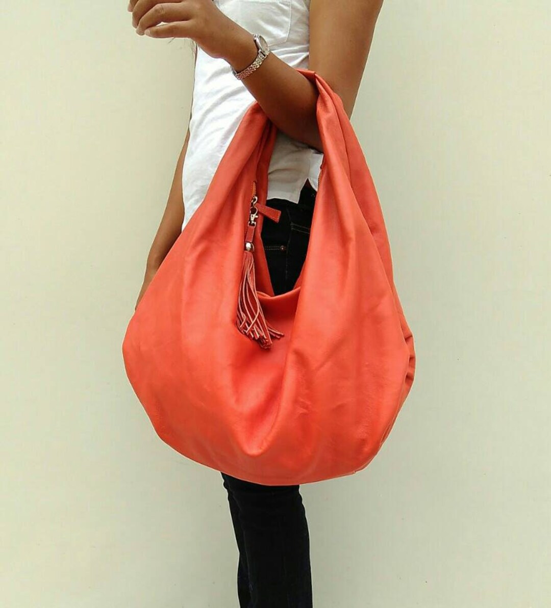 ORANGE Large Hobo Bag, Soft Leather Hobo Bag, Soft Lambskin Hobo Bag