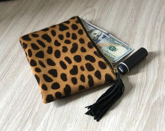 WALLET size flat leopard clutch, animal print clutch, animal print purse, leopard leather clutch, leopard leather purse, genuine leather