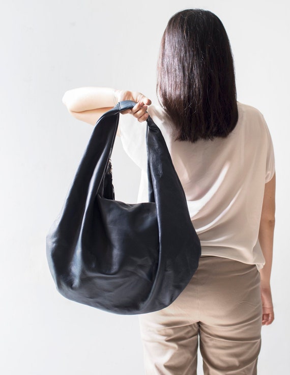 BLACK Large Hobo Bag Soft Leather Hobo Bag Soft Lambskin Hobo Bag