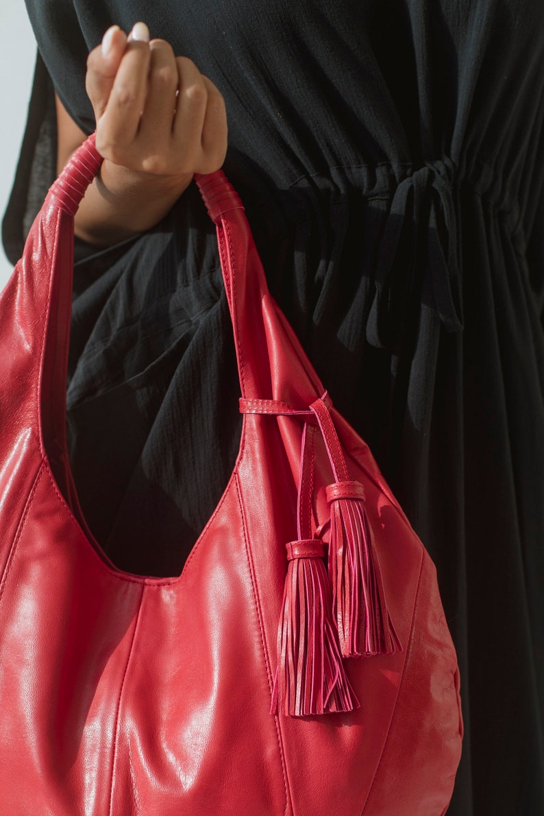 NINA Leather hobo bag, red leather shoulder bag, leather hobo boho bag, leather bag for teachers, shoulder hobo leather bag,leather tassel image 2