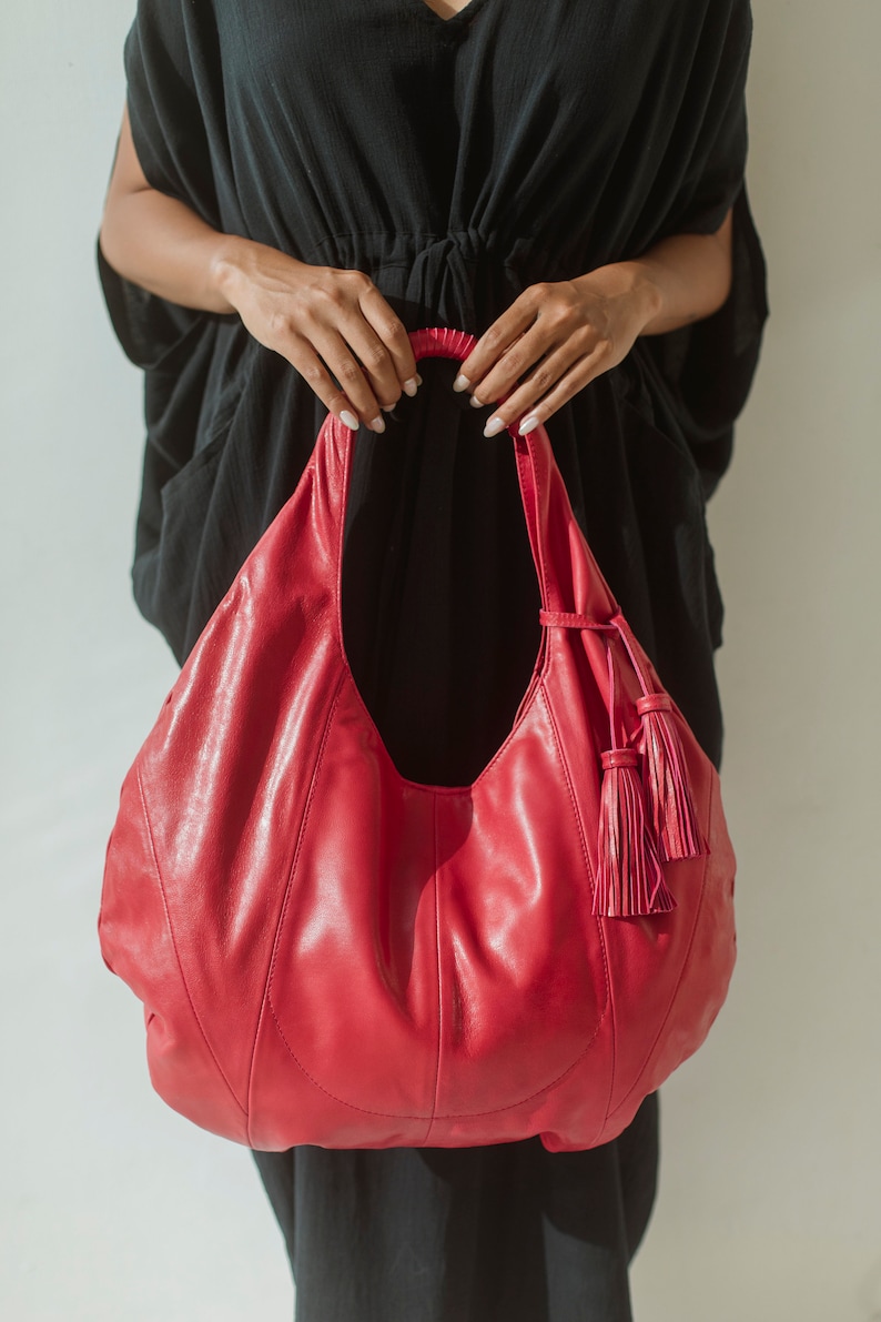 NINA Leather hobo bag, red leather shoulder bag, leather hobo boho bag, leather bag for teachers, shoulder hobo leather bag,leather tassel image 3