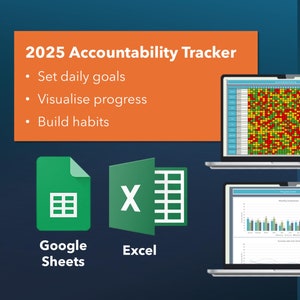May include: A laptop screen displaying a spreadsheet with a colour-coded grid, showing a visual representation of progress towards goals. The spreadsheet is titled "2025 Accountability Tracker". The text below the spreadsheet reads "Set daily goals, Visualise progress, Build habits". The image also shows icons for Google Sheets and Excel.
