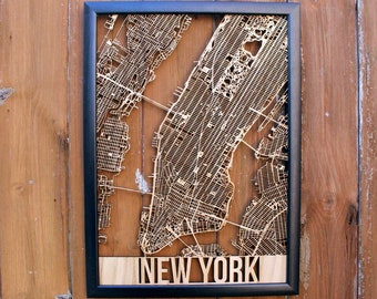New York Manhattan Wood Map Laser Cut Street Map
