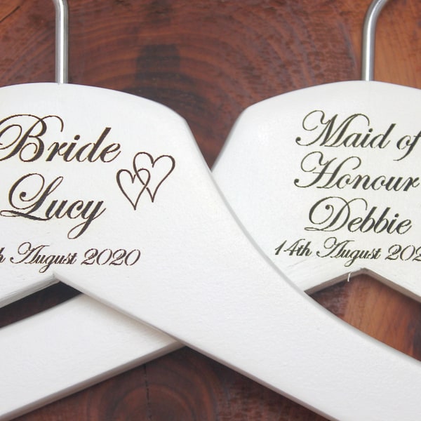 Personalised Bridal Wedding Hanger in Wood or White - Hanger Engraved Wedding Gift Bride, Bridesmaids and more - Hearts Style