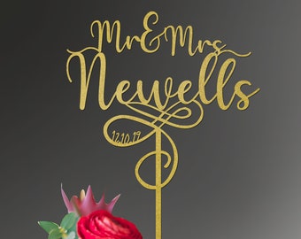 Cake Topper Mr and Mrs with Date Engagement Script Font Swirl on Stick Wedding Custom Personalised