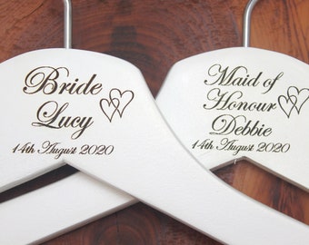 Personalised Bridal Wedding Hanger in Wood or White - Hanger Engraved Wedding Gift Bride, Bridesmaids and more - Hearts Style