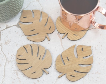 Monstera Leaf, Palm Leaf Style Natural Pattern Laser Cut Coasters Set of 4