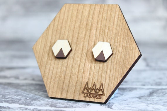 Eco Friendly and Sustainable Wooden Laser Cut Geometric Jewellery Hexagon Stud Earrings With Coloured Triangles