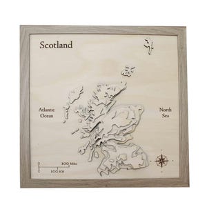 Carte 3D de l'Ecosse - Carte topographique en bois - Carte de l'Ecosse - Carte des contours en bois