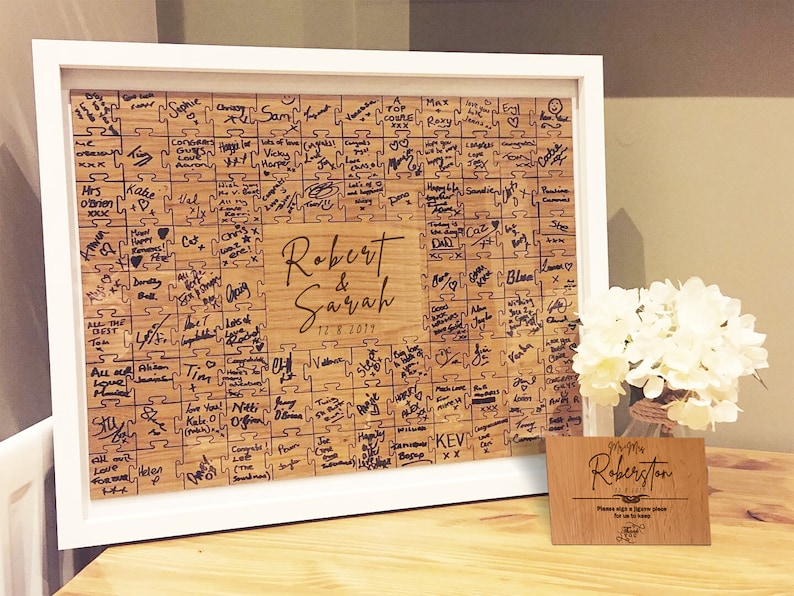 Jigsaw Guestbook Personalised with Sign Framed or Unframed Signature Freehand Style Wedding Puzzle Guestbook image 4