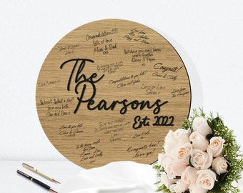 Circular Wood Wedding Guestbook Signing Board Round Alternative Guestbook - Script Style