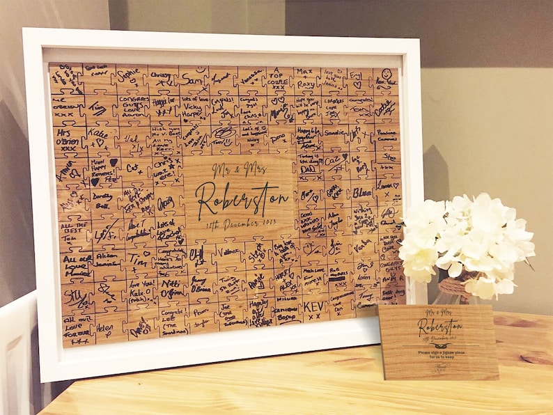 Jigsaw Guestbook Personalised with Sign Framed or Unframed Signature Freehand Style Wedding Puzzle Guestbook image 1