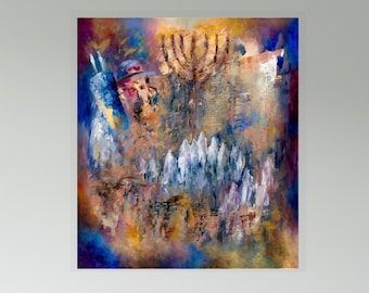 Redemption and the Menorah – Abstract Judaica Wall Art with Kotel, Shofar & Torah Scroll – Spiritual Jewish Canvas Print